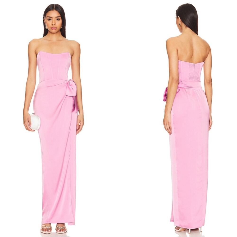 V. CHAPMAN June Strapless Corset Ruched Draped Faux Wrao Pink Maxi Dress Size 4